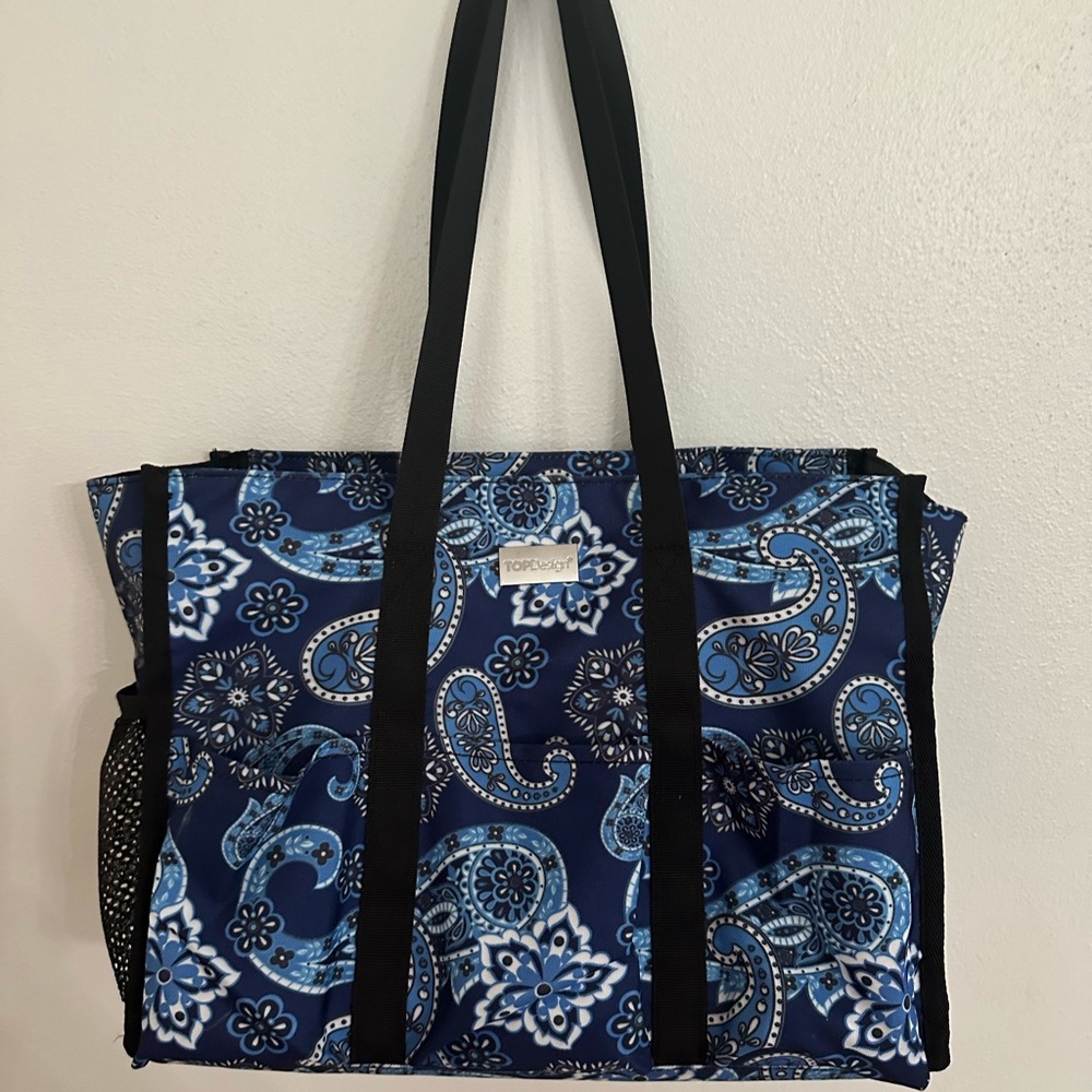 Blue and Black Floral Tote Bag with Durable Fabric